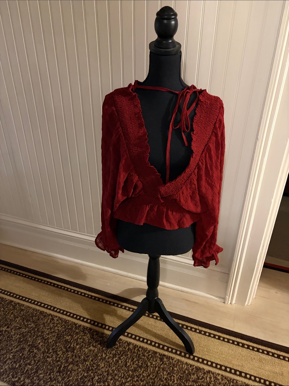 Wine Red Ruffle Tie-Front yBlouse